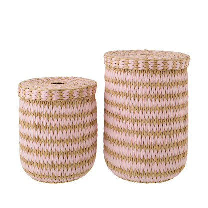 Set di 2 cesti con coperchio a righe color naturale/rosa chiaro J-Line