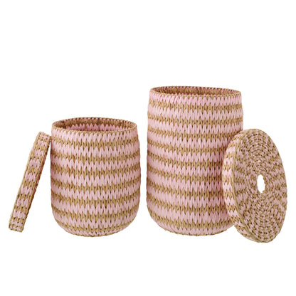 Set di 2 cesti con coperchio a righe color naturale/rosa chiaro J-Line