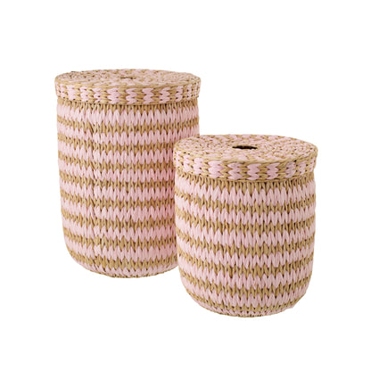 Set di 2 cesti con coperchio a righe color naturale/rosa chiaro J-Line