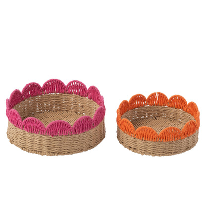 Set di 2 vassoi decorativi con bordo smerlato, carta rosa/arancione J-Line