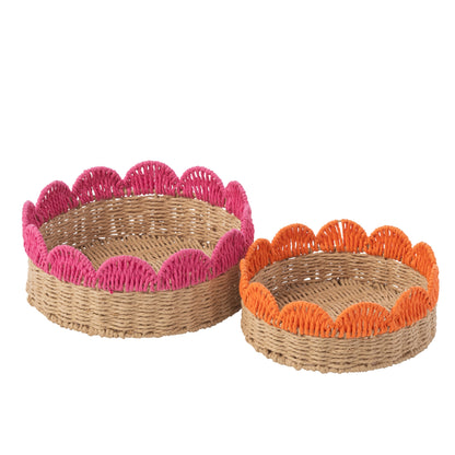 Set di 2 vassoi decorativi con bordo smerlato, carta rosa/arancione J-Line