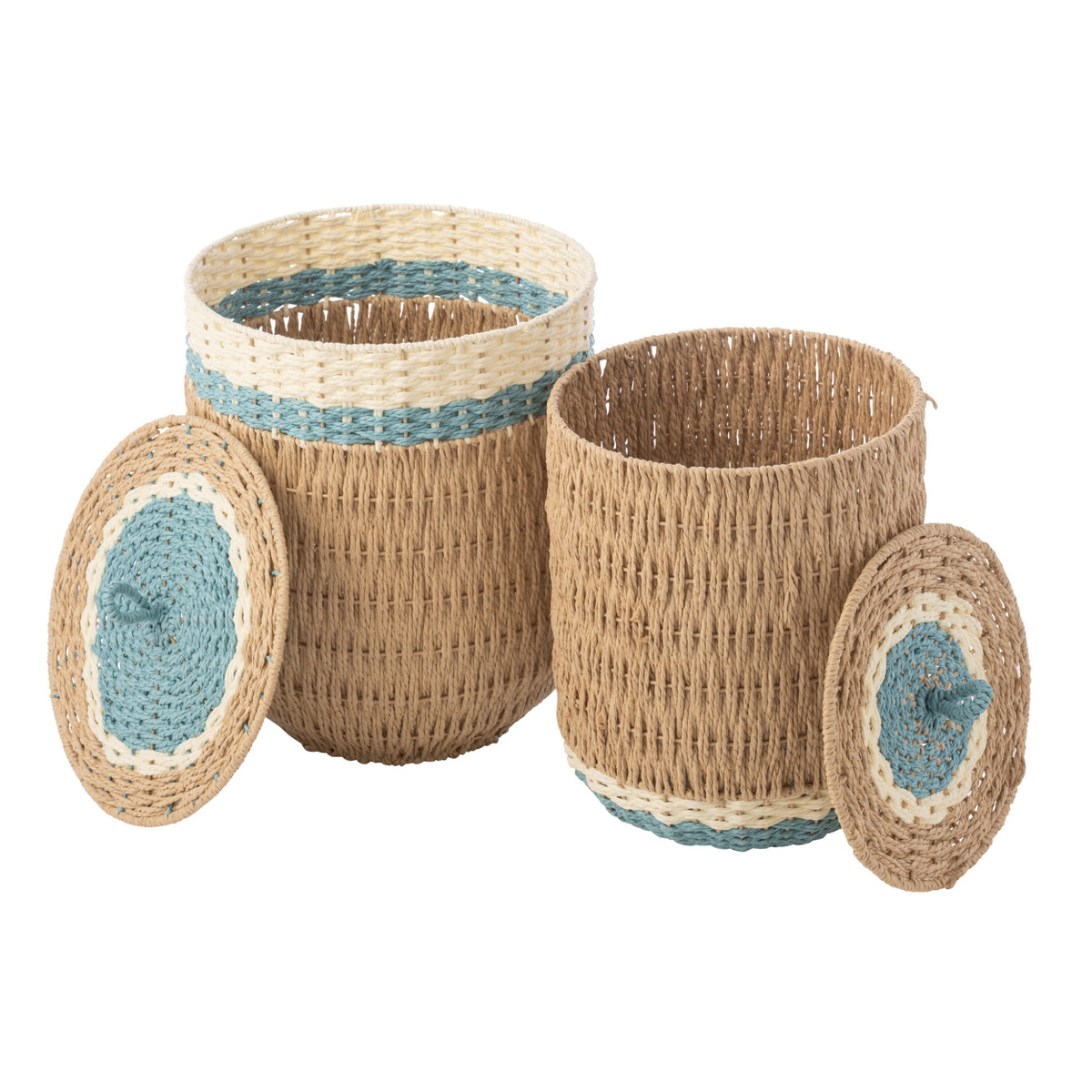 Set di 2 cesti con coperchio in carta a righe naturale/azzurro chiaro J-Line