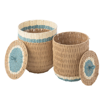 Set di 2 cesti con coperchio in carta a righe naturale/azzurro chiaro J-Line