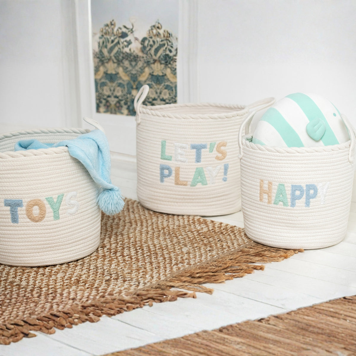 Set di 3 cestini per bambini in cotone bianco/azzurro chiaro J-Line