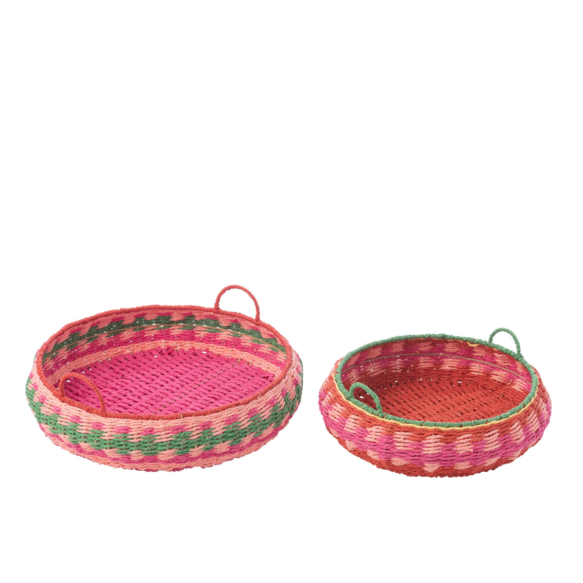 Set di 2 vassoi decorativi rotondi con manici, effetto carta, multicolore