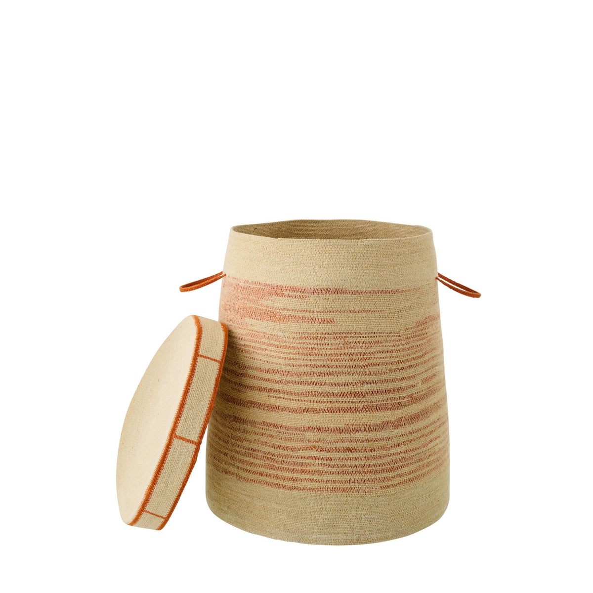 Cestino Con Manico + Coperchio a Righe in Paglia Marina Naturale/Arancione Scuro J-Line