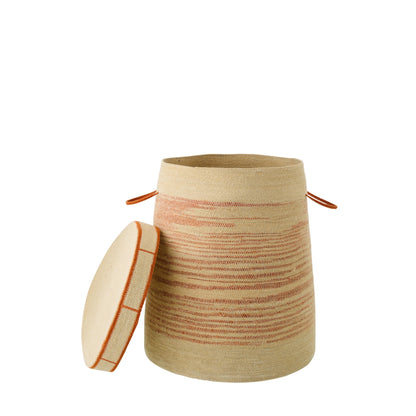 Cestino Con Manico + Coperchio a Righe in Paglia Marina Naturale/Arancione Scuro J-Line
