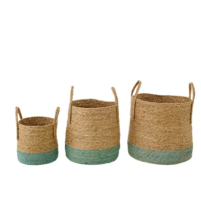 Set di 3 cesti con manici, bordatura naturale/grigio-verde J-Line