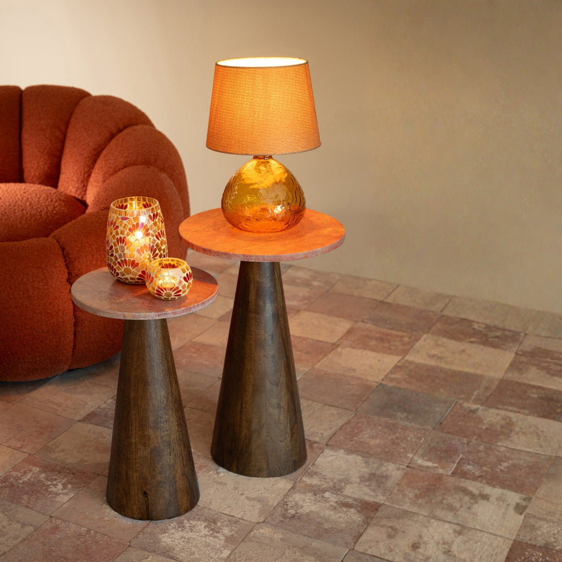 Set di 2 tavolini rotondi in marmo terracotta/marrone scuro J-Line