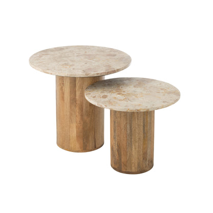 Tavolino rotondo in marmo e legno, beige/marrone, set da 2 J-Line