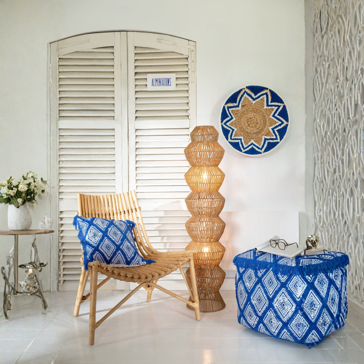 Pouf Motivo Orientale Cotone Blu/Bianco J-Line