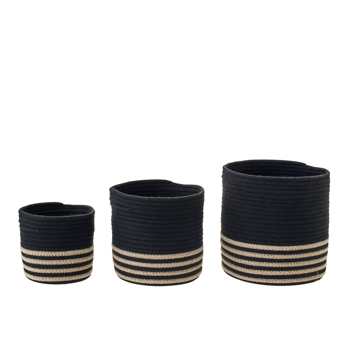 Set di 3 Cesti in Poliestere a Righe Nero/Beige J-Line
