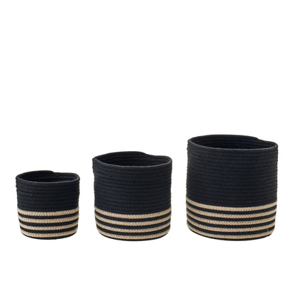 Set di 3 Cesti in Poliestere a Righe Nero/Beige J-Line