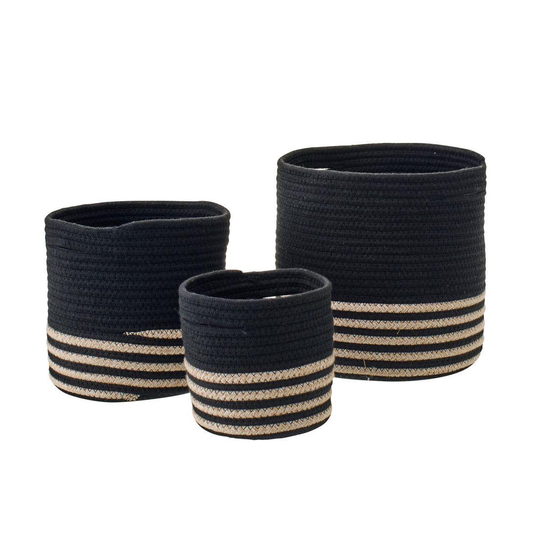Set di 3 Cesti in Poliestere a Righe Nero/Beige J-Line