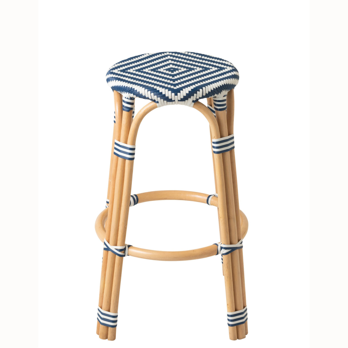Sgabello da esterno Geo rotondo in rattan blu/bianco J-Line