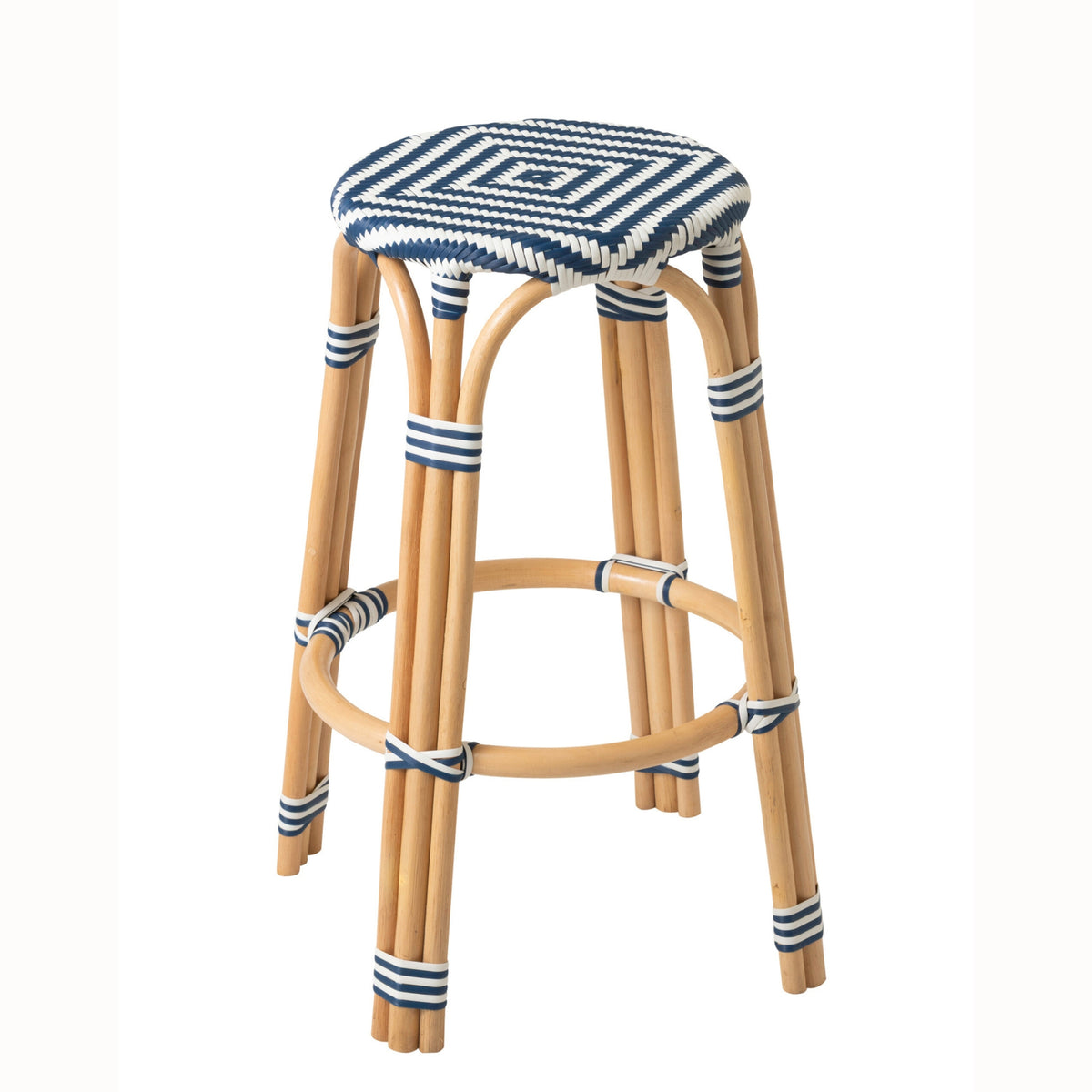 Sgabello da esterno Geo rotondo in rattan blu/bianco J-Line