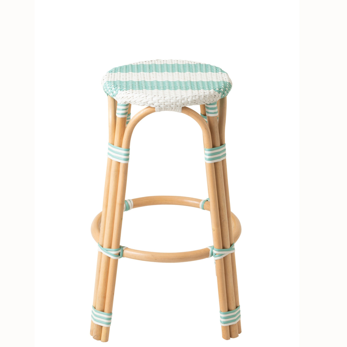 Sgabello da esterno Geo rotondo in rattan azzurro chiaro/bianco J-Line