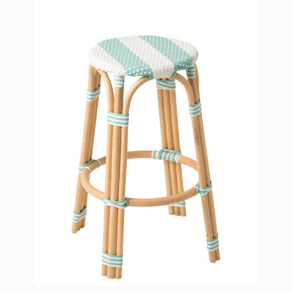 Sgabello da esterno Geo rotondo in rattan azzurro chiaro/bianco J-Line