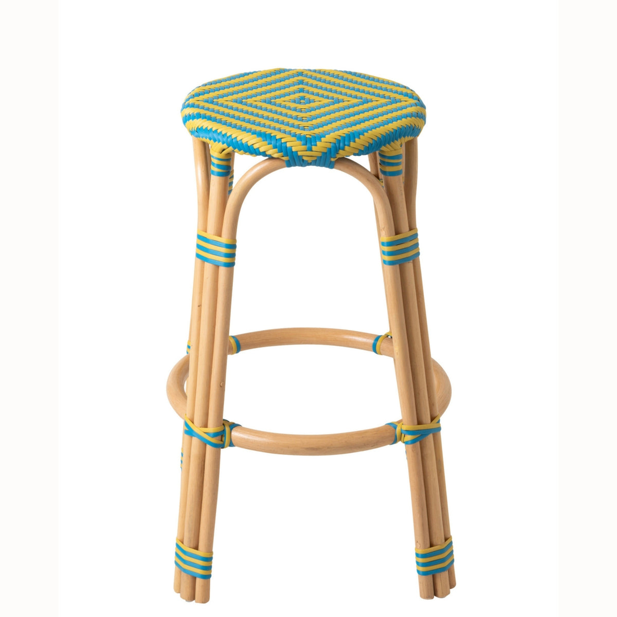 Sgabello da esterno Geo rotondo in rattan giallo/azzurro J-Line