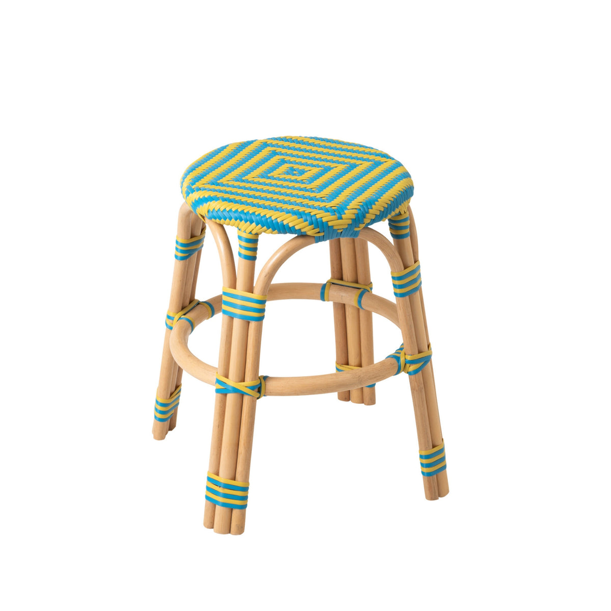 Sgabello da esterno Geo rotondo in rattan giallo/azzurro J-Line