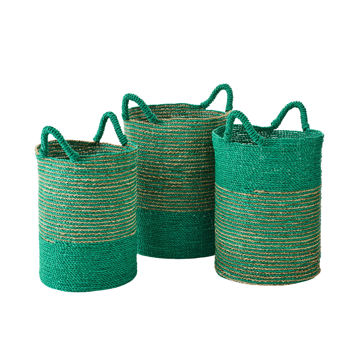 Set di 3 cesti in rafia a righe verde scuro/naturale J-Line