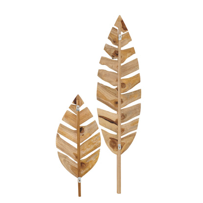 Set di 2 Oggetti Decorativi da Parete Foglie Legno di Teak Naturale J-Line