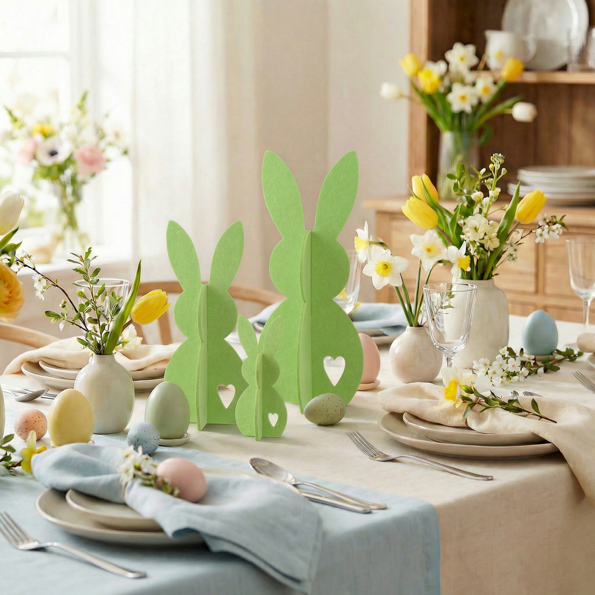 Decorazione pasquale con coniglietto verde in feltro, set da 3, J-Line