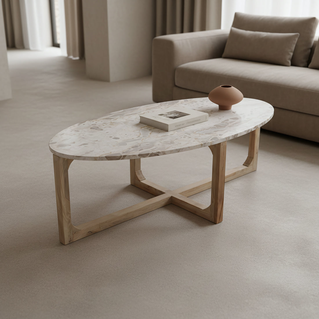 Tavolino da salotto ovale in marmo color crema Raw Materials