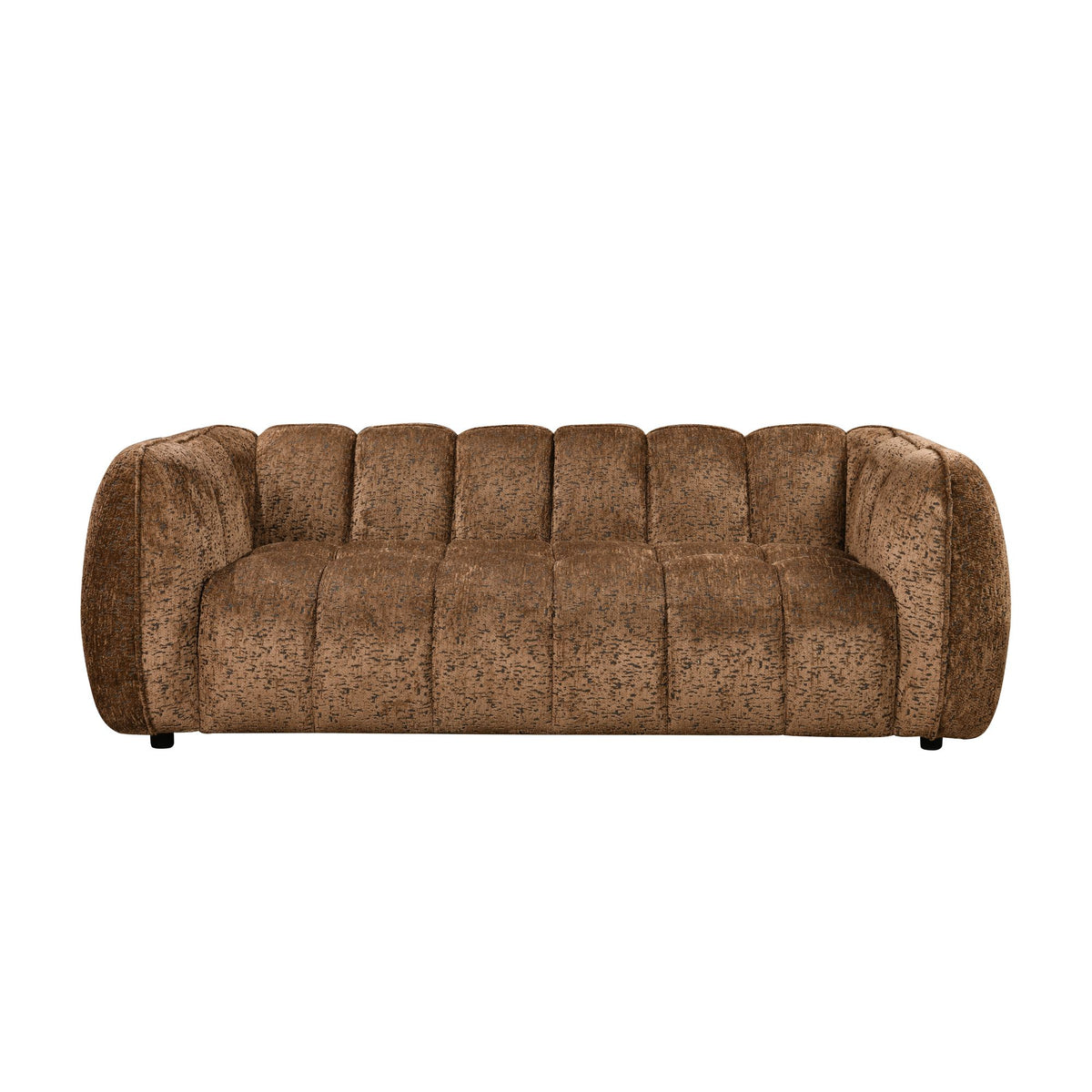 Bank Morris 3-Zits Bruin van Starfurn, vooraanzicht van de bank in bruine stof met verticale stiknaden