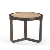 Bijzettafel Morris Travertin Ø60cm van Starfurn, rond travertin blad in een bruin mangohouten frame