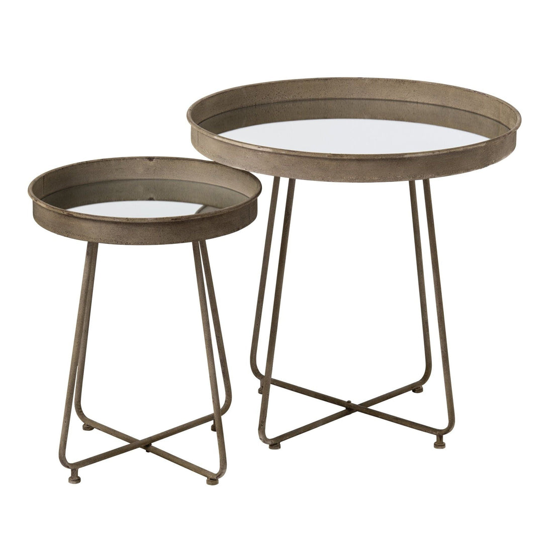 Set di 2 tavolini rotondi con specchio in metallo color ruggine J-Line