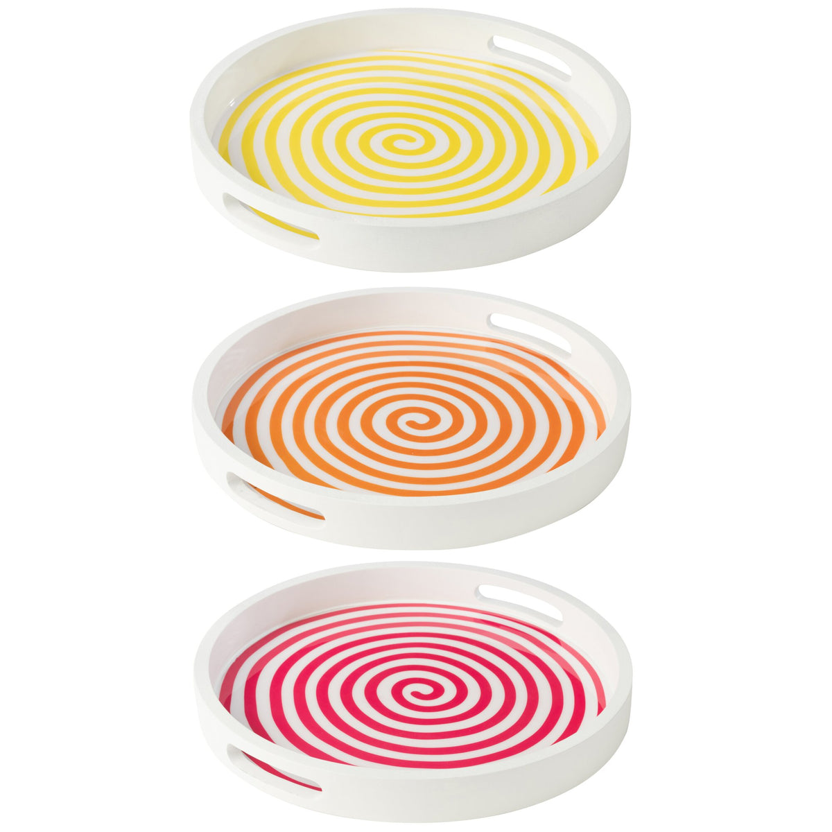 Set di 3 vassoi rotondi in legno di mango rosa/arancione/giallo J-Line