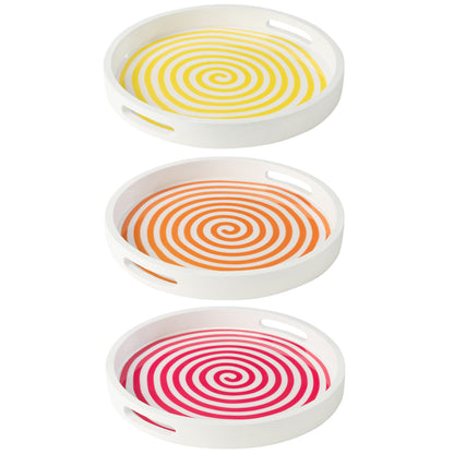 Set di 3 vassoi rotondi in legno di mango rosa/arancione/giallo J-Line
