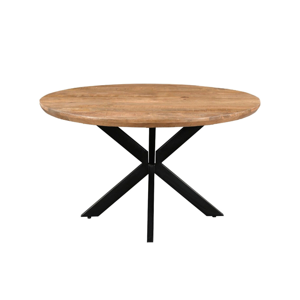 Eettafel Jesper Pecan Ø140cm schuin vooraanzicht met zwart spinpootonderstel