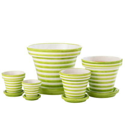 Vaso da fiori+Piattino Granada Stripes Ceramica artigianale+Dipinta Verde Extra Large J-Line