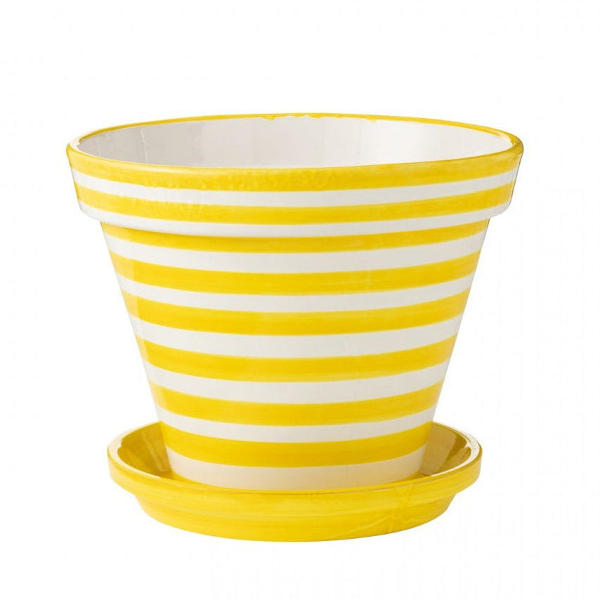 Vaso da fiori+piatto Granada Stripes artigianali+dipinti in ceramica gialli extra large
