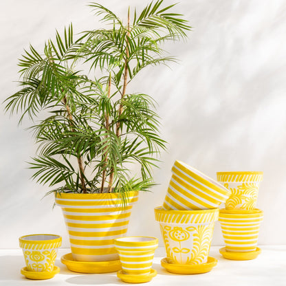 Vaso da fiori+piatto Granada Stripes artigianali+dipinti in ceramica gialli extra large