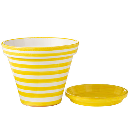 Vaso da fiori+piatto Granada Stripes artigianali+dipinti in ceramica gialli extra large