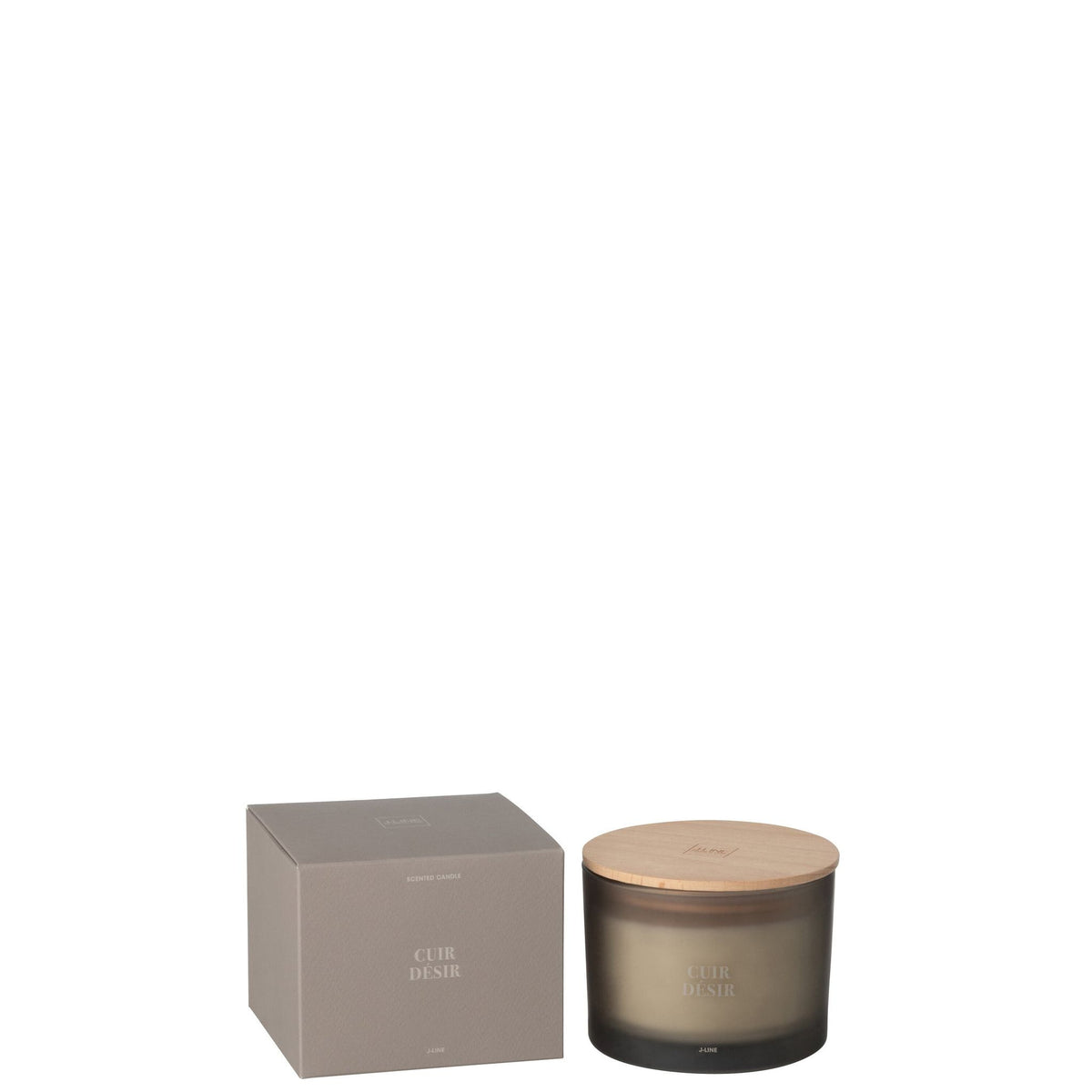 Geurkaars Accords Essentiels Cuir Désir 28 Uur van J-Line, gesloten kaarspot en doos op witte achtergrond