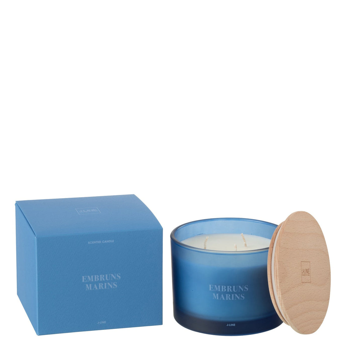 Geurkaars Accords Essentiels Embruns Marins 28 Uur van J-Line, blauwe glazen pot met houten deksel naast de geschenkdoos