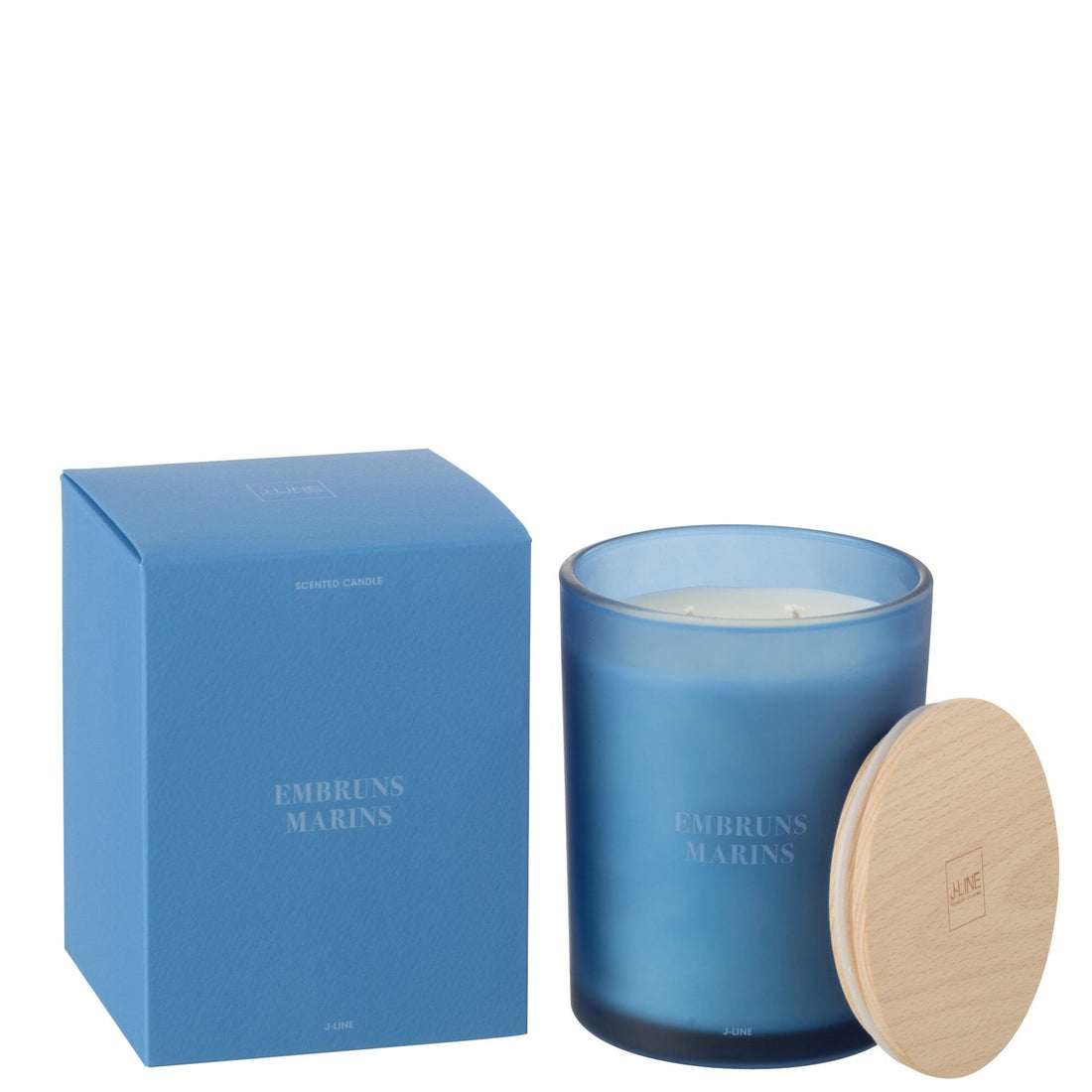 Geurkaars Accords Essentiels Embruns Marins 52 Uur van J-Line, blauwe glazen pot met houten deksel naast de geschenkdoos