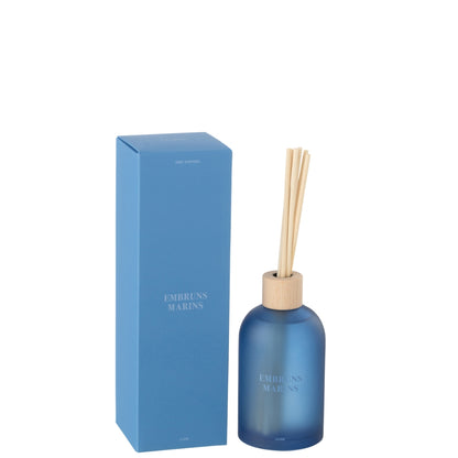 Geurstokjes Accords Essentiels Embruns Marins 250ml van J-Line, blauwe glazen fles met geurstokjes naast de geschenkdoos