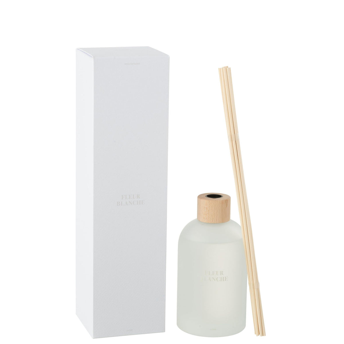 Geurstokjes Accords Essentiels Fleur Blanche 550ml van J-Line, fles met losse stokjes en verpakking op witte achtergrond