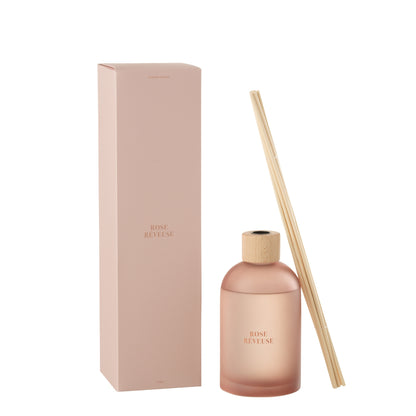 Geurstokjes Accords Essentiels Rose Rêveuse 550ml van J-Line, fles met losse stokjes en verpakking op witte achtergrond