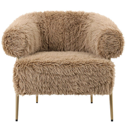 Hair Fauteuil Bruin van PTMD, vooraanzicht van de langharige bruine fauteuil op een metalen onderstel