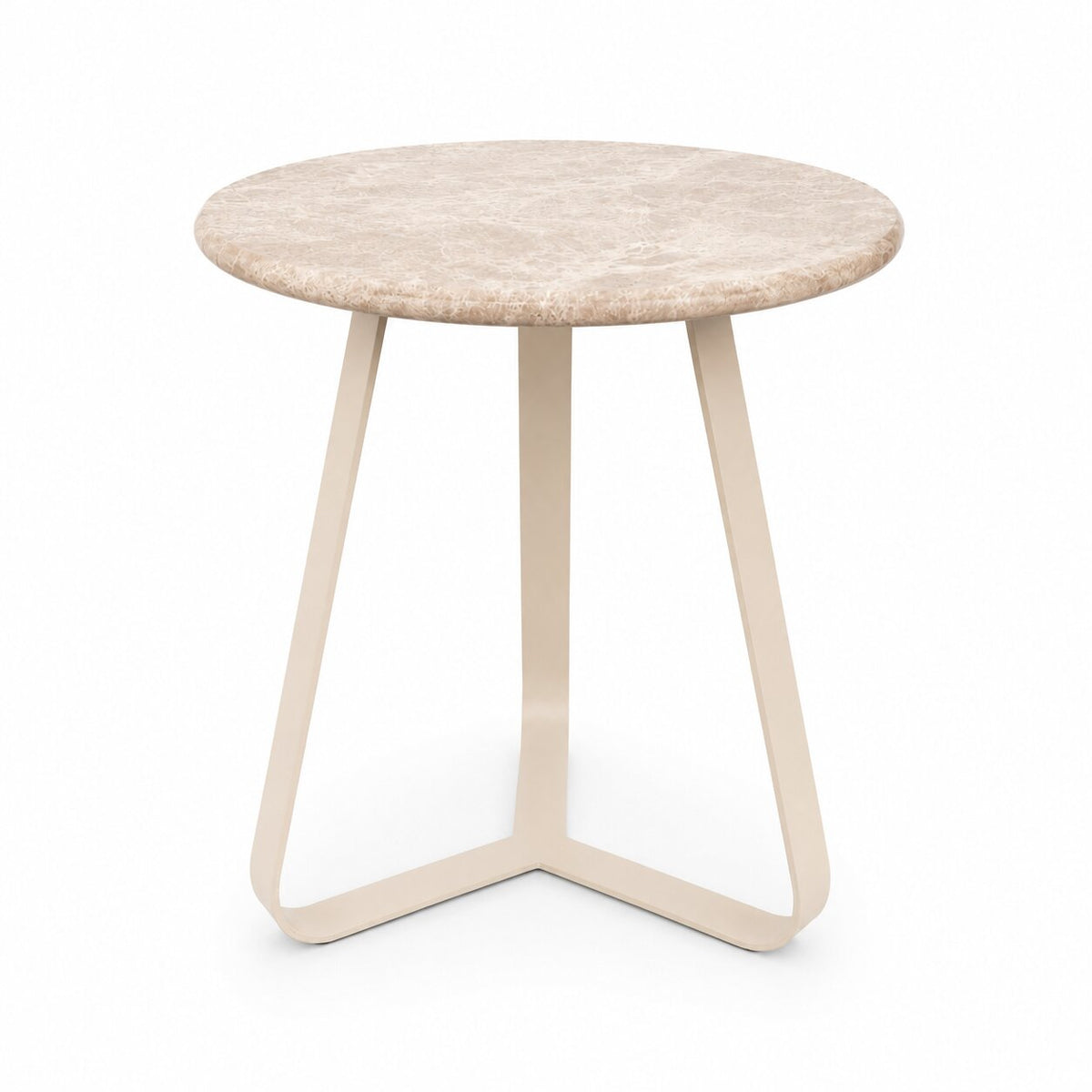 Kae Bijzettafel Marmer Beige Rond van PTMD, bijzettafel met ijzeren poten, vooraanzicht op wit