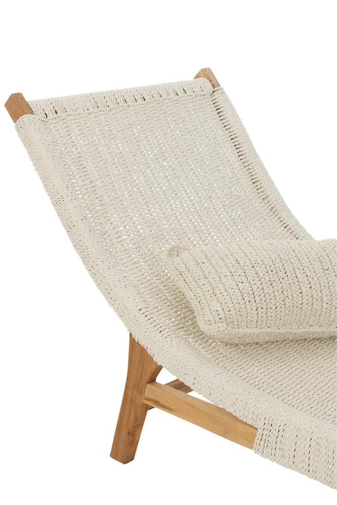 Ligstoel + Kussen Geweven Plastiek/Teak Wit - Ligbed - J-Line - livinglovely.nl