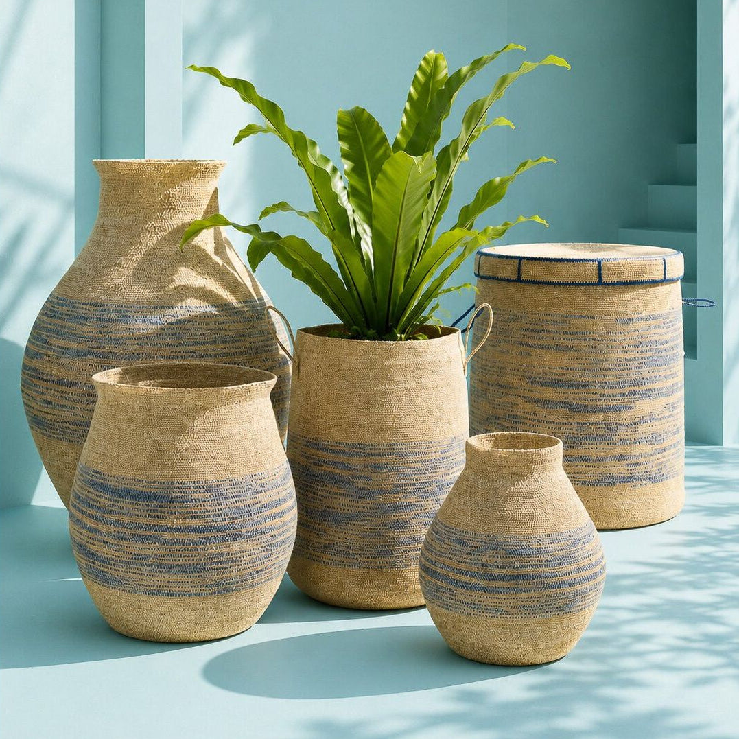 Cestino a righe in erba marina naturale/blu, grande, J-Line