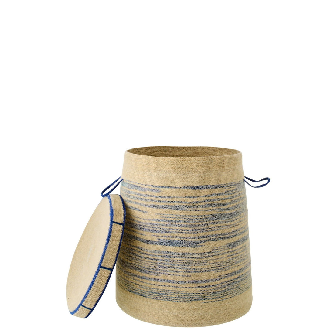 Cestino Con Manico + Coperchio a Righe in Paglia Marina Naturale/Blu J-Line