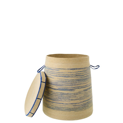 Cestino Con Manico + Coperchio a Righe in Paglia Marina Naturale/Blu J-Line